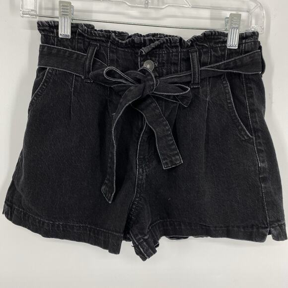 American Eagle Denim Paper Bag Mom Shorts Women size 0 Black Tie Waist Stretch - Picture 10 of 10
